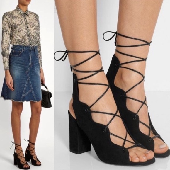 Yves Saint Laurent Shoes - Ysl black suede cage block sandal
